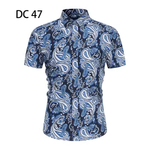 Men's short sleeve paisley print shirt, casual slim fit hawaiian beach button down top.