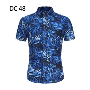 Men's blue tropical leaf print short sleeve shirt casual hawaiian button down top