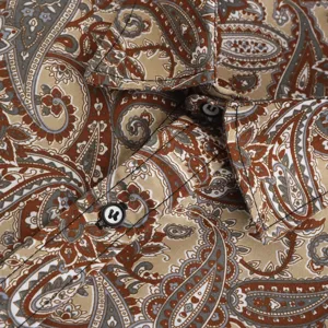 Close-up detail showing the collar and button craftsmanship of men's paisley print shirt.