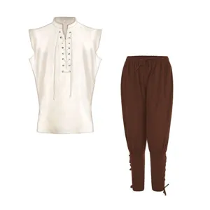 Men's medieval vintage sleeveless lace-up shirt and brown drawstring trousers set.