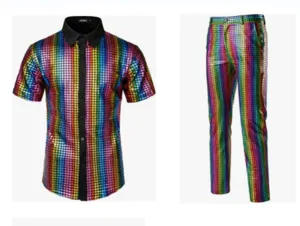 Men's Vintage Seventies Disco Party Sequined Shirt And Pants Set Shiny Nightclub Stage Performance Costume