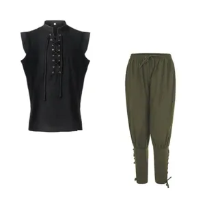 Men's retro sleeveless lace-up top and trousers set, casual cotton linen medieval costume.