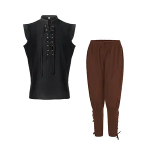 Men casual medieval cotton linen sleeveless top and vintage trousers set details.