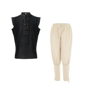 Men medieval cotton linen outfit detail, sleeveless lace-up top and casual trousers set.