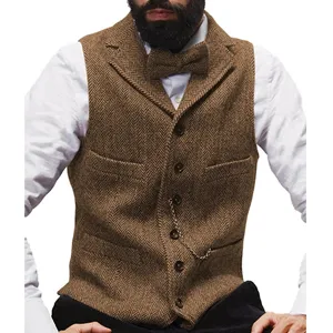 Men Slim Fit Herringbone Tweed Suit Vest Business Casual Single Breasted V-Neck Waistcoat Groom Groomsman Wedding Party Formal Top