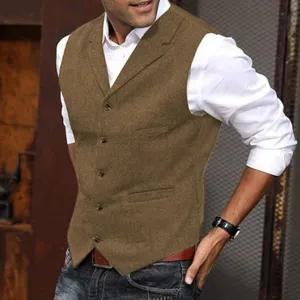 Men's British Retro Herringbone Slim Fit Business Suit Vest Sleeveless Casual Work Jacket Waistcoat