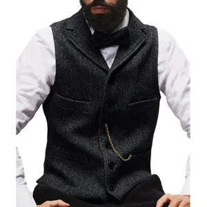 Men's herringbone tweed suit vest slim fit single-breasted groom waistcoat for business casual wear.