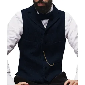 Classic men's navy blue herringbone tweed waistcoat single-breasted suit vest formal wear