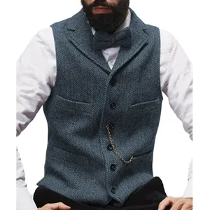 Men's Herringbone Tweed Suit Vest Slim Fit Single Breasted Waistcoat with Bow Tie