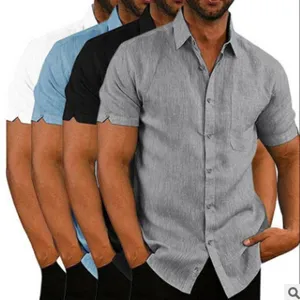 Men's summer short sleeve lapel solid color linen shirt casual button up breathable top fashion
