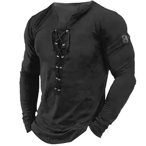 Mens long sleeve lace up Henley shirt casual solid color black top detail view