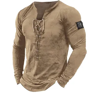 Men's long sleeve Henley shirt casual V-neck lace-up solid color top for daily wear.