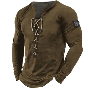 Detailed view of mens long sleeve lace up henley shirt featuring solid color and collar.