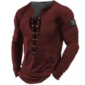 Men's long sleeve lace up henley shirt casual solid color slim fit top for men autumn wear