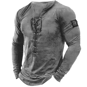Men's long sleeve lace-up V-neck henley shirt solid color casual slim fit stylish top