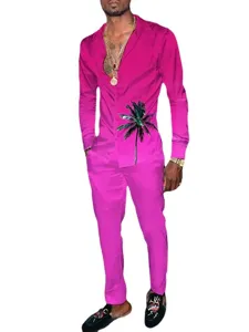 Elegante set camicia e pantaloni casual da uomo con stampa digitale di palma tropicale.