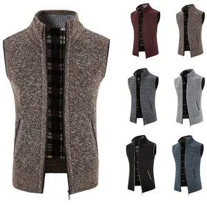 Men's Casual Knitted Vest Sleeveless Cardigan Fleece Lined Stand Collar Zip Up Sweater Vest Plaid Lining Thickened Winter Knitwear Top