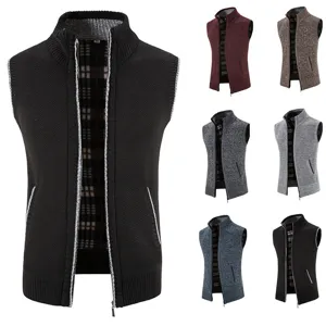 Men's Winter Knit Zipper Cardigan Vest Stand Collar Fleece Lined Casual Sleeveless Outerwear