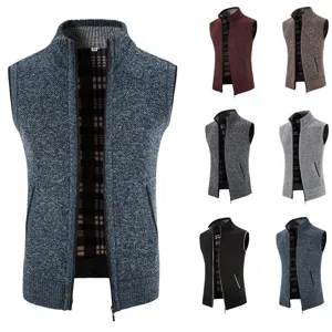 Men's winter knit zipper cardigan vest stand collar fleece lined casual sleeveless jacket