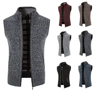 Men's fleece lined knit cardigan vest winter thermal full zip stand collar waistcoat