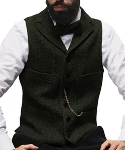 Men's vintage herringbone tweed vest detail shot, slim fit suit waistcoat with bow tie.