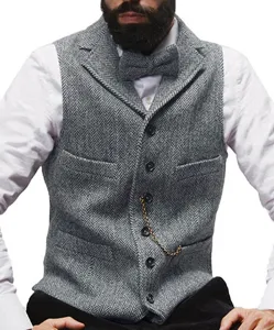 Men's gray herringbone tweed suit vest with bow tie, slim fit single-breasted waistcoat detail