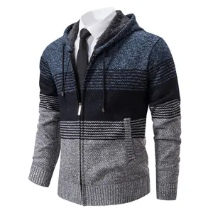 Men's Hooded Striped Knitted Cardigan Sweater Casual Outdoor Full Zip Up Knitwear
