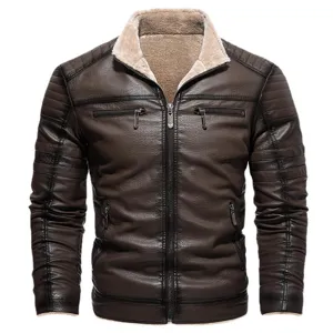 Herren Winter verdickte Kunstleder Vlies warme Stehkragen Biker Jacke Mantel Neu