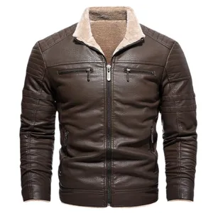 Herren Winter braun gefütterte Kunstlederjacke Vorderansicht für warme Outdoor Freizeit