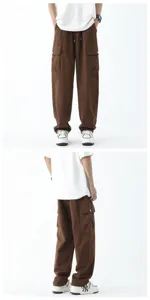 Detailed view of men casual brown cargo pants featuring loose straight fit and side pockets.