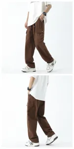 Men's casual brown cargo pants summer loose wide leg straight streetwear detail shot