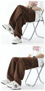 Mens casual wide leg cargo pants Japanese streetwear loose straight trousers summer solid color