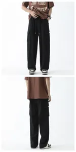Men's loose cargo pants casual Japanese streetwear straight leg trousers summer comfortable black pants