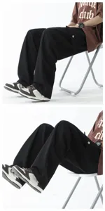 Men black loose wide leg cargo pants casual streetwear straight trousers with pockets.