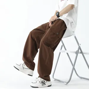 Men's brown loose cargo pants, Japanese style casual straight trousers for summer streetwear.