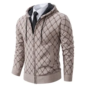 Veste Cardigan en Tricot à Capuche pour Homme Pull Zippé Doublé de Polaire Motif à Losanges Vêtements d'Extérieur Décontractés