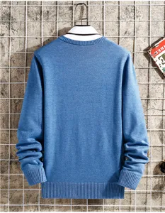 Blue mens knit sweater detail, casual crew neck long sleeve autumn pullover top view.