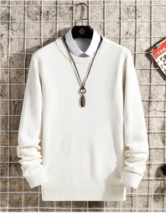 Detail view of men's white crewneck knit sweater with layered shirt collar and feather necklace.