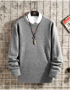 Men grey knit sweater detail shot, crew neck casual pullover with faux shirt collar and pendant.