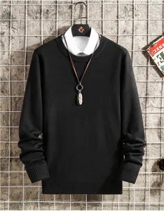Details of men black crewneck knit sweater with false white shirt collar and feather necklace.