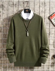 Men's casual green crewneck knit sweater with layered white shirt collar and chic pendant necklace.