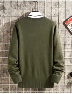 Back detail view of the casual solid color men's knitted pullover sweater in army green.