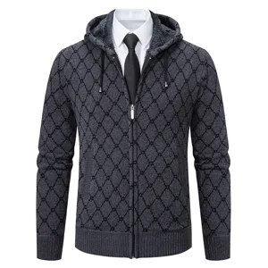 Cardigan in Maglia con Cappuccio da Uomo Motivo Argyle Foderato in Pile Giacca Casual con Cerniera per Autunno