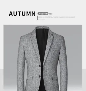 Men's casual grey blazer suit jacket, stylish slim fit single breasted business outwear.