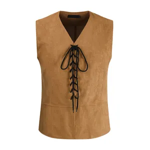 Men's vintage faux suede vest, sleeveless V-neck lace-up medieval waistcoat for autumn.
