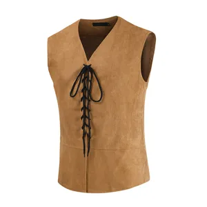 Detailed close-up view of the mens retro brown faux suede lace-up sleeveless vest detail.