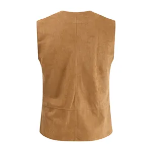 Men's casual brown faux suede vest back detail, fashion sleeveless outer jacket design.
