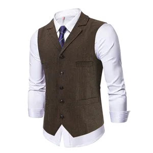 Men's brown herringbone suit vest vintage business waistcoat slim fit formal wear