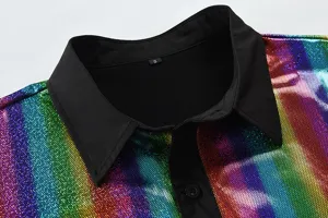 Gros plan col chemise costume sequins homme, tissu arc-en-ciel métallisé, étiquette S.