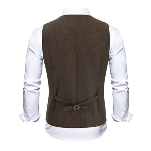 Detailed view of men's brown herringbone suit vest back with adjustable buckle strap.
